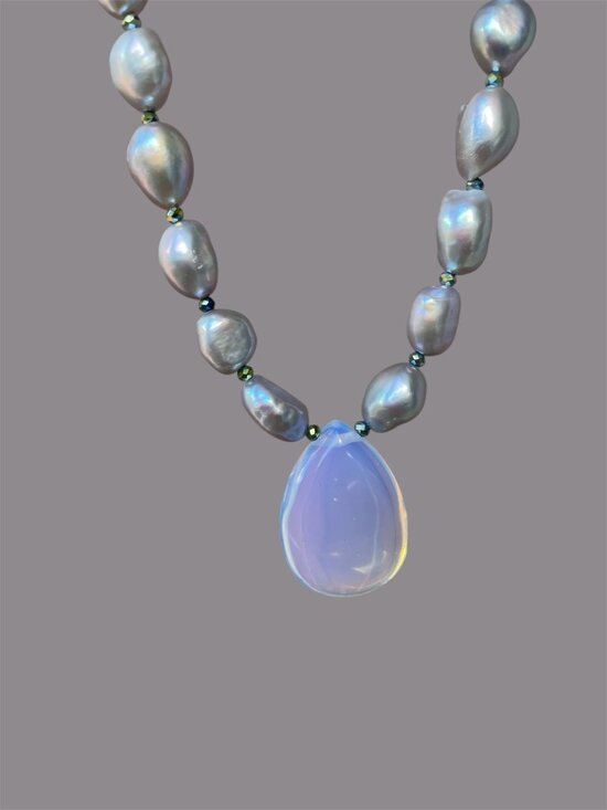 Artisan Jewelry - Baroque Natural Pearl Blue Opalite Teardrop Necklace